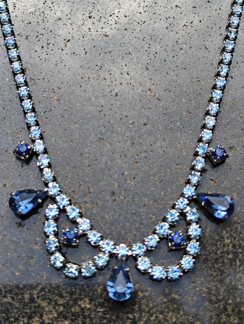 Vintage Signed Sherman Choker Necklace Blue Crystals Rhodium Plated